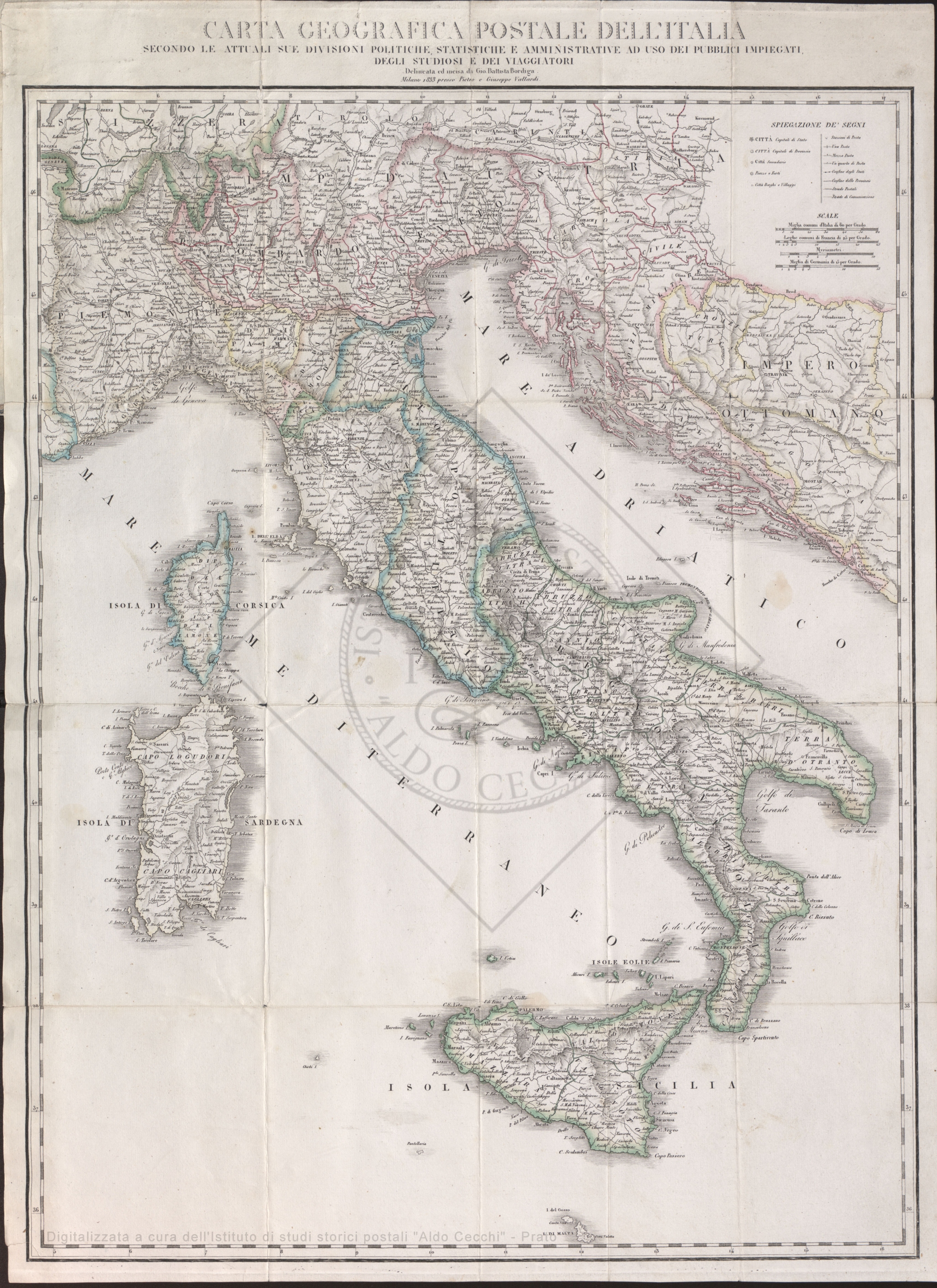 Carta postale e itineraria dell’Italia 1833